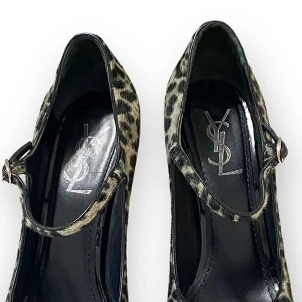YSL Yves Saint Laurent Tribute Too 105 Mary Jane Peep Toe Pumps, Pony Leopard